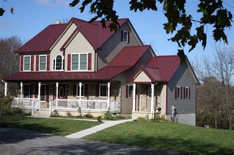 tan house with dark red metal roof|tan house roof colors.